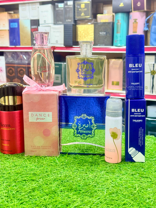 Deal Of 5 Perfuems Ameera Dance French perfume 1 body spray 1 stick (Allaow to open )